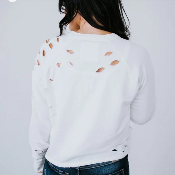 Lily & Lottie Distressed Crew Sweatshirt XS White French Terry Oversized - Picture 2 of 12